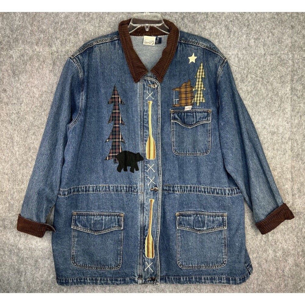Vtg Beverly’s Denim Women's Barn Chore Jacket Moose Applique Country Size 3X